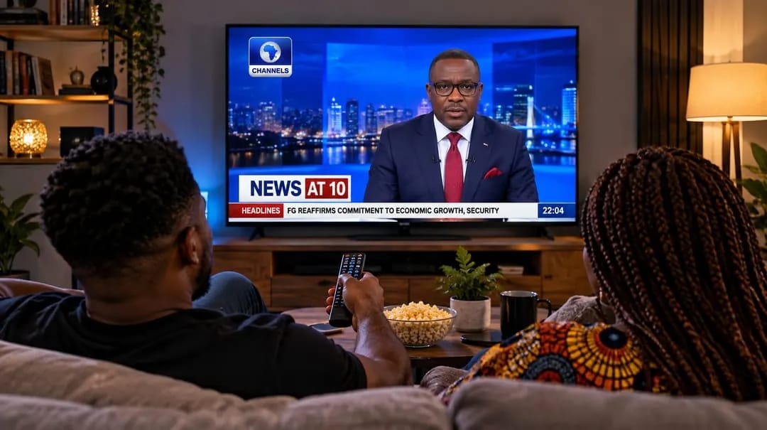 A TV showing the news in a living room